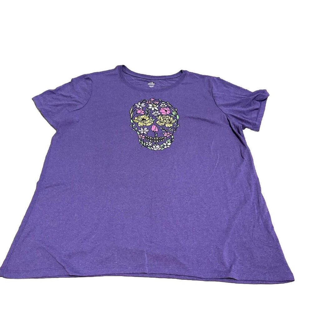 Womens XL Floral Skull Shirt Purple -Halloween